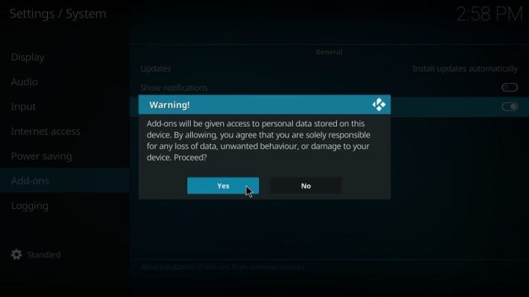 Select Yes on Kodi Add-on