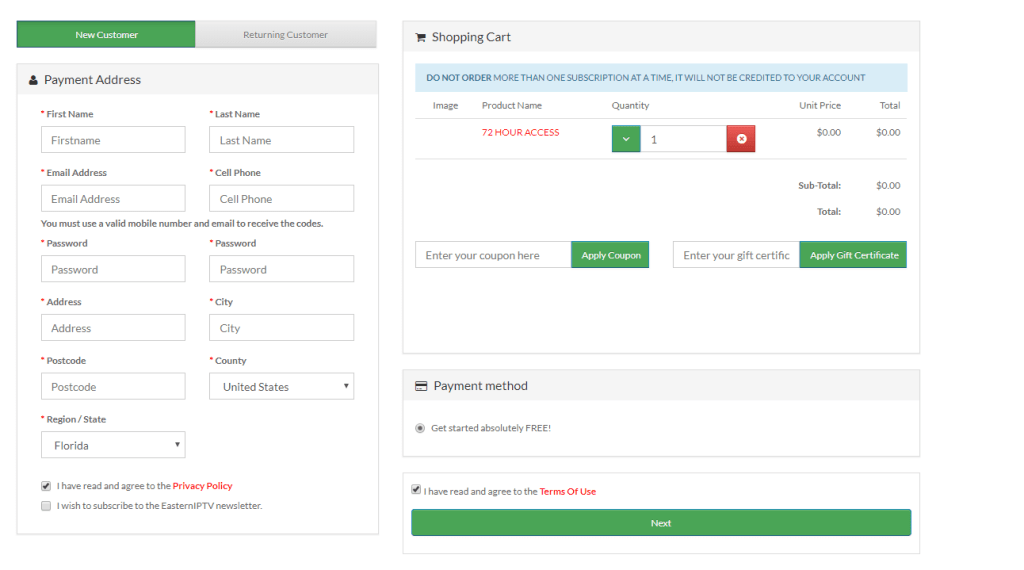 Sign up process - Eastern IPTV