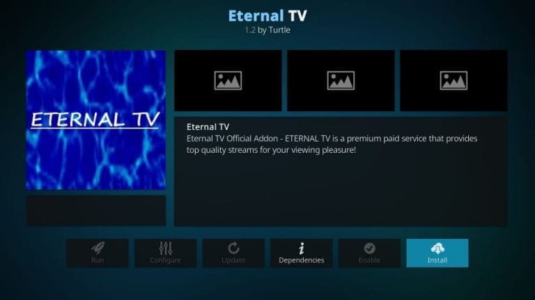 Select Install to install Eternal IPTV