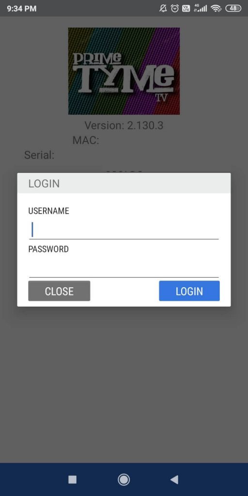 Enter login details of Prime Tyme TV