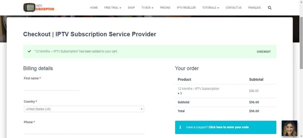 Pub IPTV Checkout page