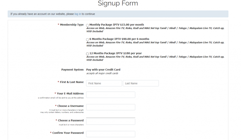 Tamil IPTV - signup form 