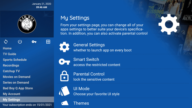 Go to My Settings on Bad Boy Media IPTV app