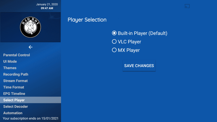 choose the Select Player on Bad Boy Media IPTV