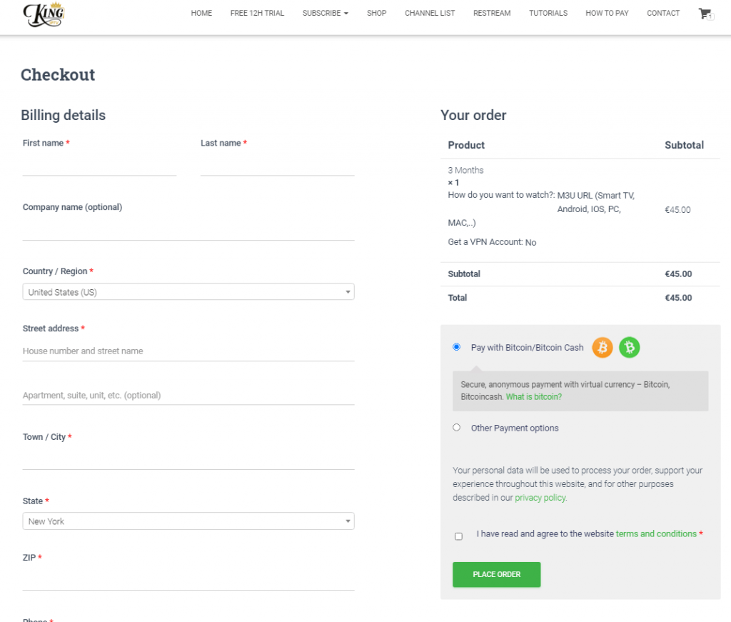 Enter the details and click on the Place order to sign up for King IPTV