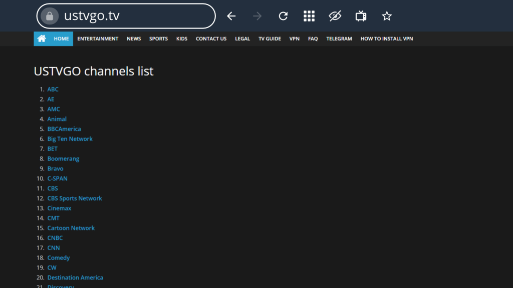 USTVGO Channels list