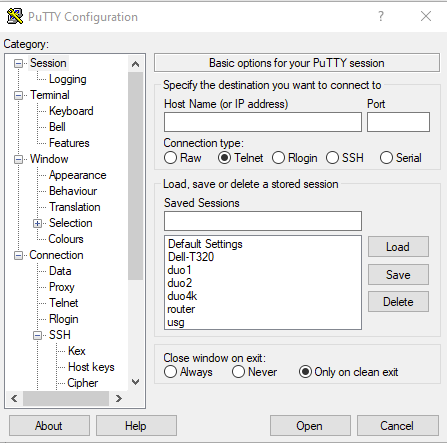 Select Telnet on PuTTY Configuration
