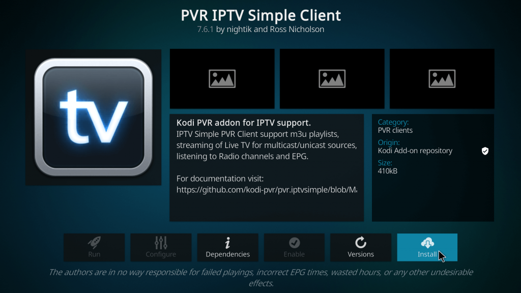 Install PVR IPTV Simple Client add-on.