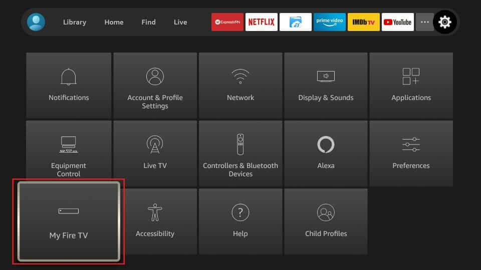 Select Settings to stream Bright Lights Entertainment on Firestick 