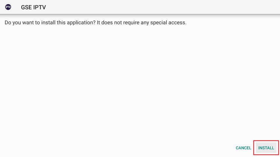 Click Install to add GSE Smart IPTV on Xiaomi Box or TV Stick
