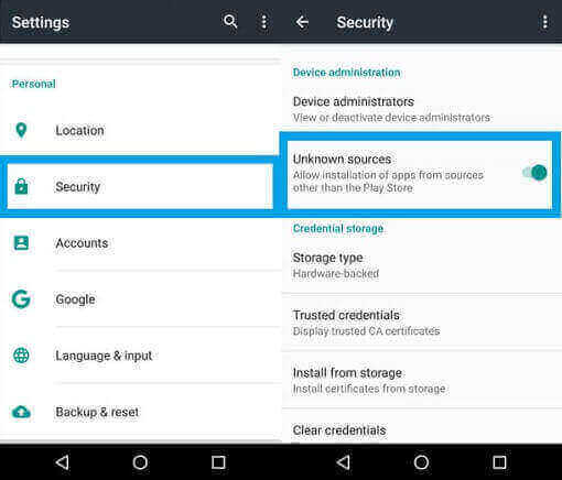Enable Unknown Sources on Android Device 