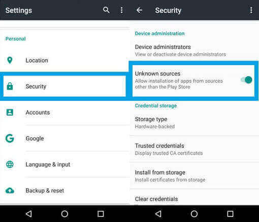 Enable Unknown Sources on Android device 