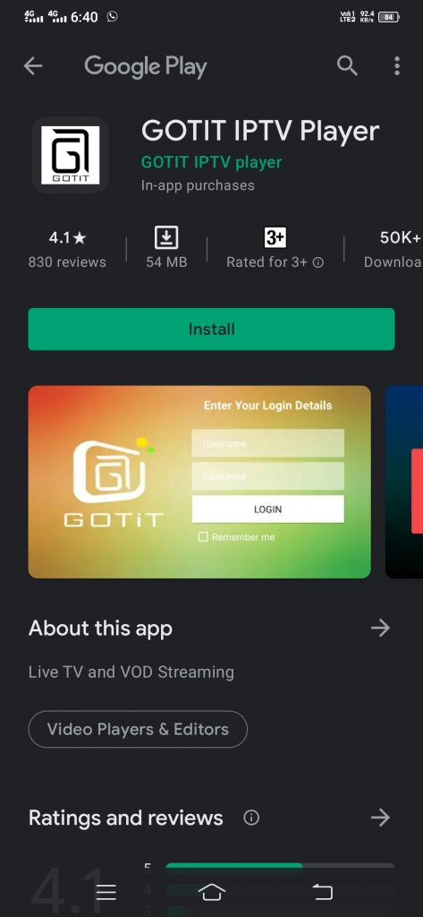 Select the Install tab to install GOTIT IPTV.