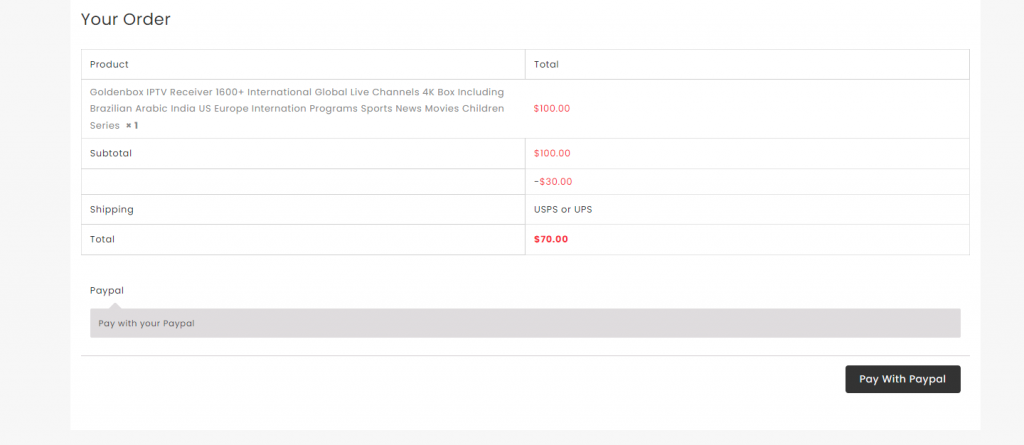 Tap on Pay With PayPal for Goldenbox IPTV.