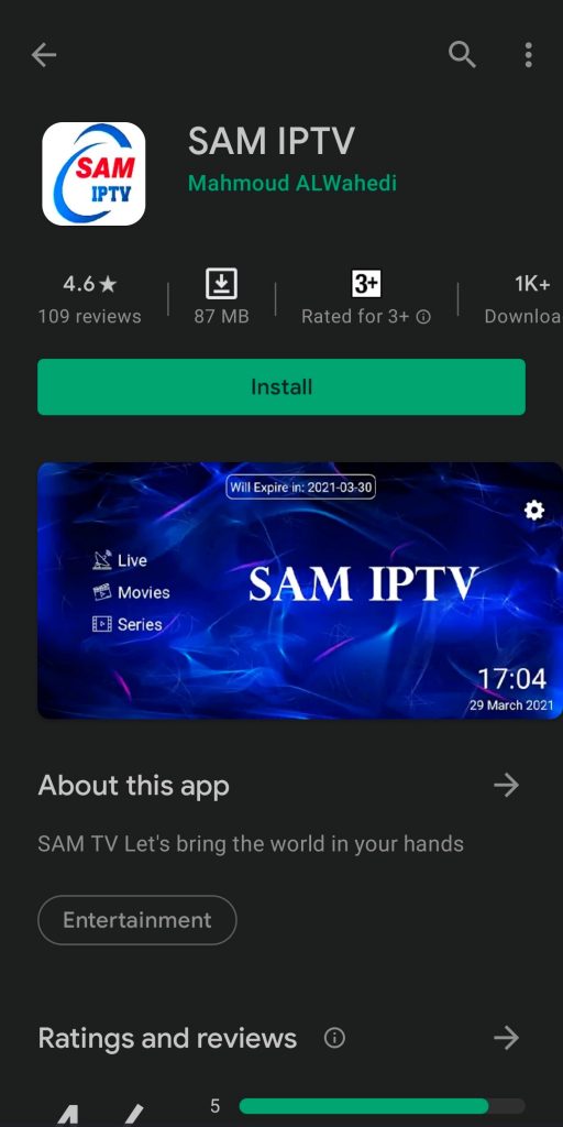 Click Install to get Sam IPTV on Android.