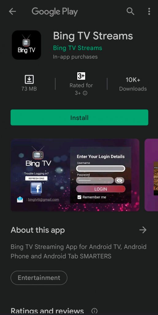 Tap on the Install button to install Bing TV Streams.