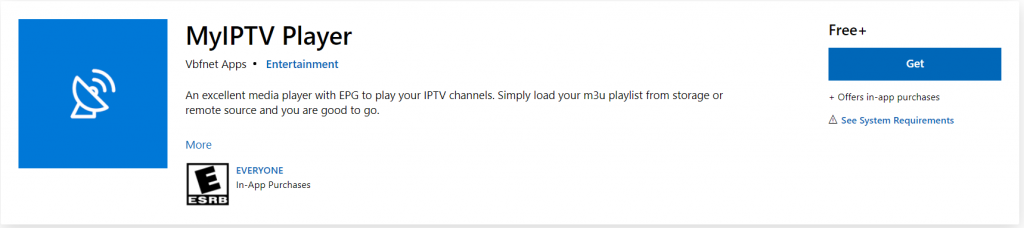 Select the Get button to install MyIPTV Player.