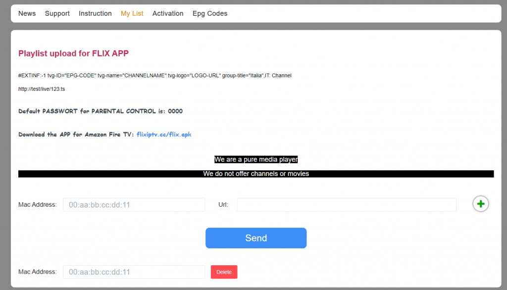 Enter the MAC address and M3U URL to  activate Flix IPTV.
