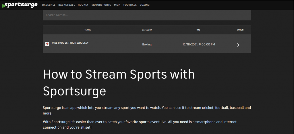 Select a sports event to watch Sportsurge IPTV