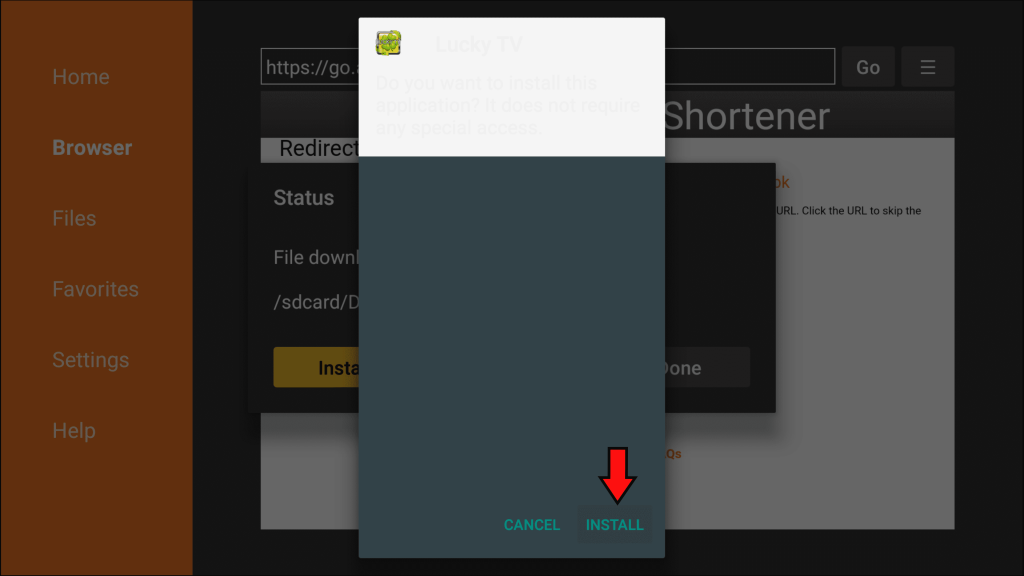 Tap install to download Lucky TV app on Firestick