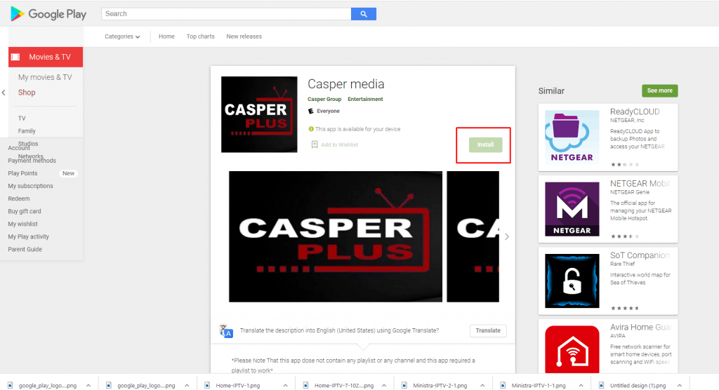 Tap install to download the Casper TV IPTV app