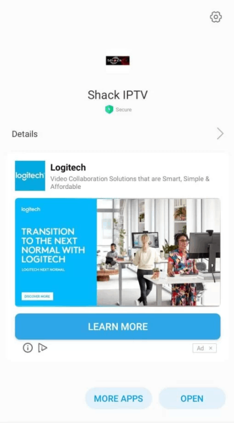 Select Open to launch Shack TV IPTV