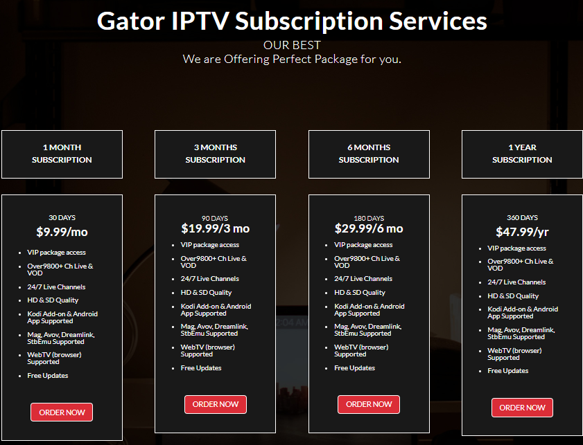 Select Order Now to stream Gator IPTV