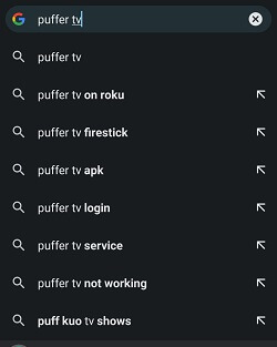 Search Puffer TV on Android Browser