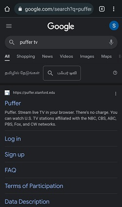 Search Puffer TV on Android Browser