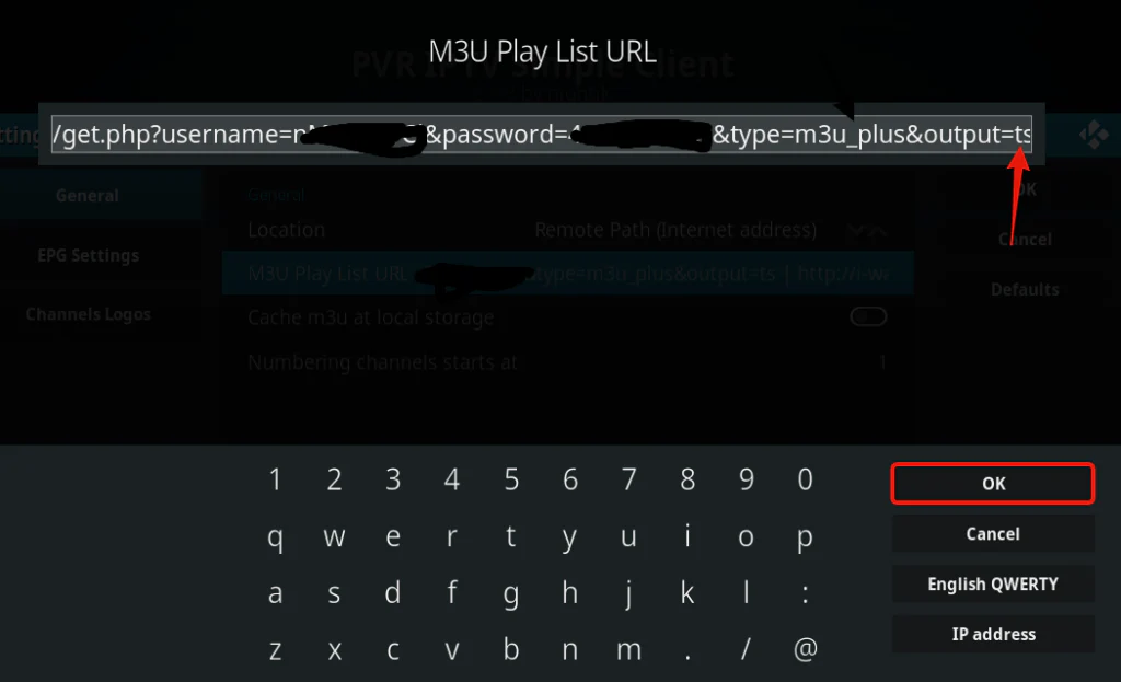 Set the type to m3u_plus and set the output as ts