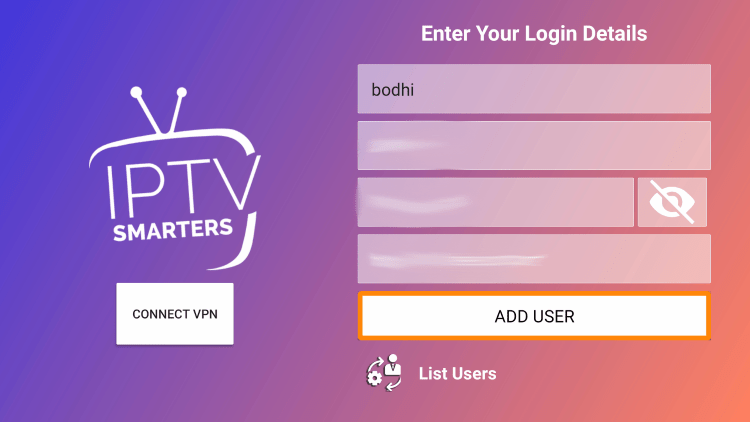 Select Add User to stream IPTV with Xtream Codes