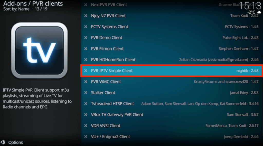 Select PVR IPTV Simple Client to stream DC Streams IPTV