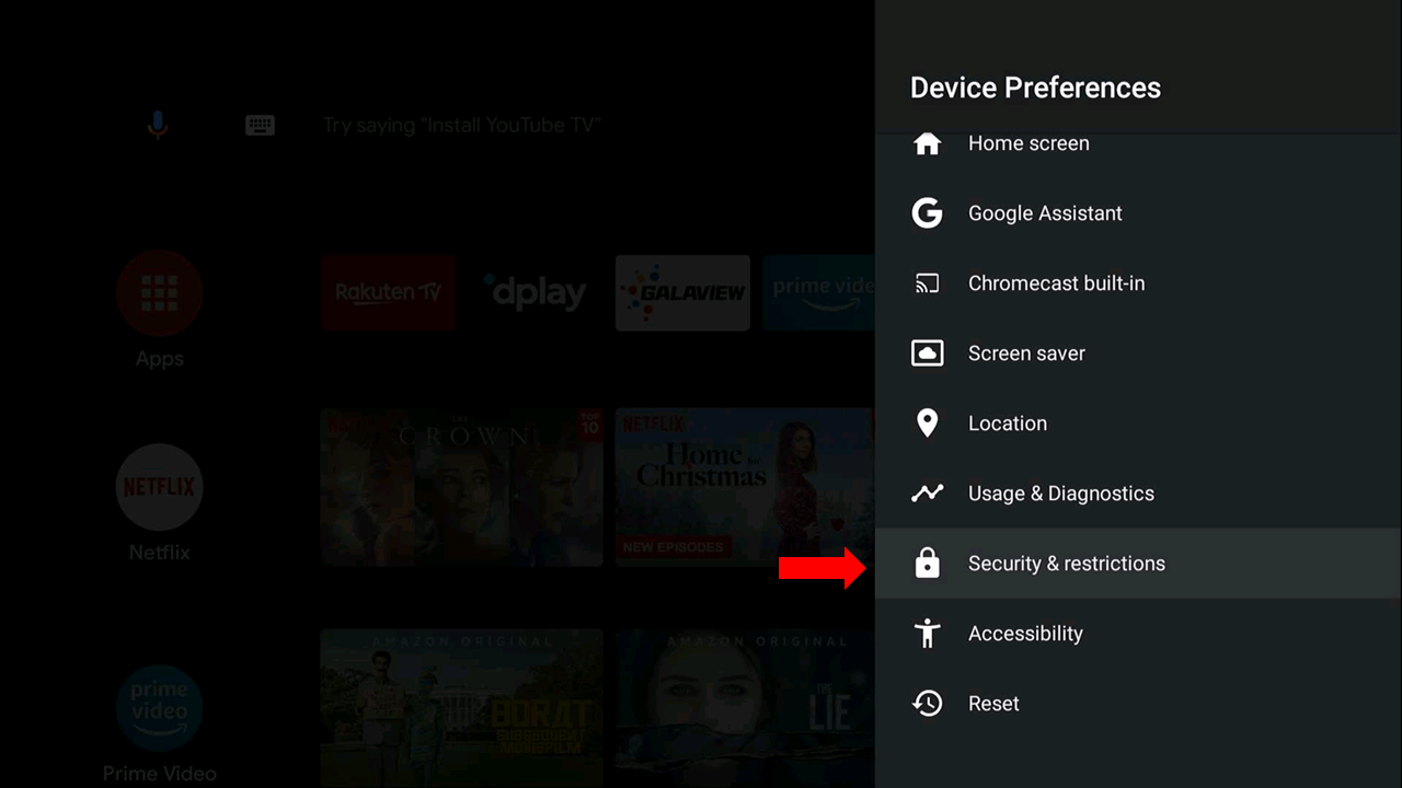 Select Security & Restrictions to stream IPTV on Toshiba Smart TV
