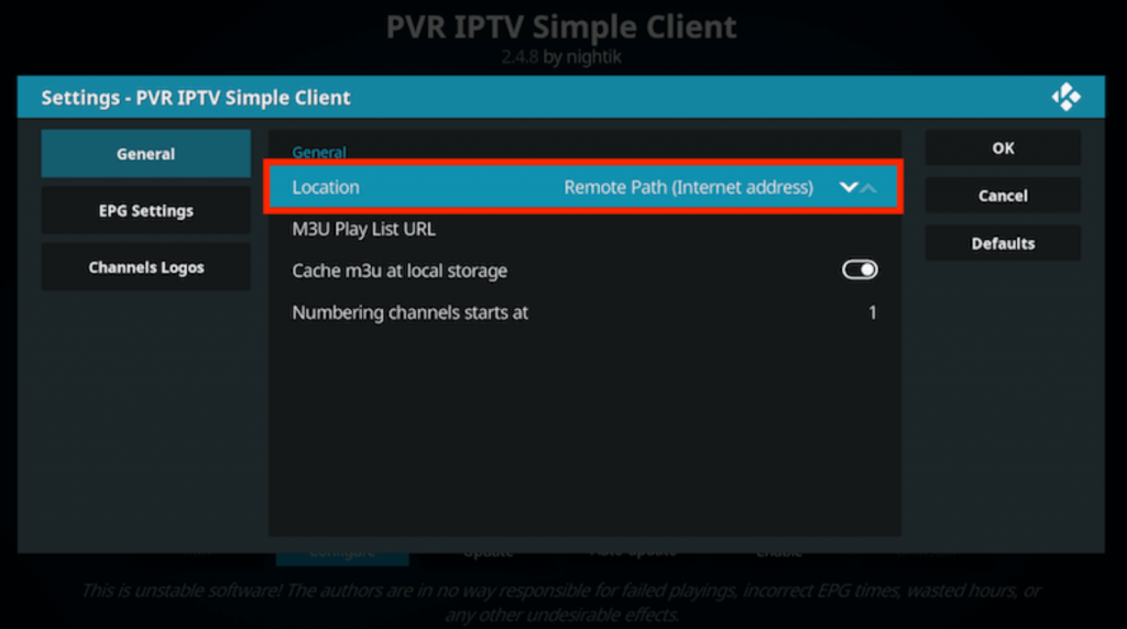 Select Remote Path(Internet address) to stream Starly Streams IPTV