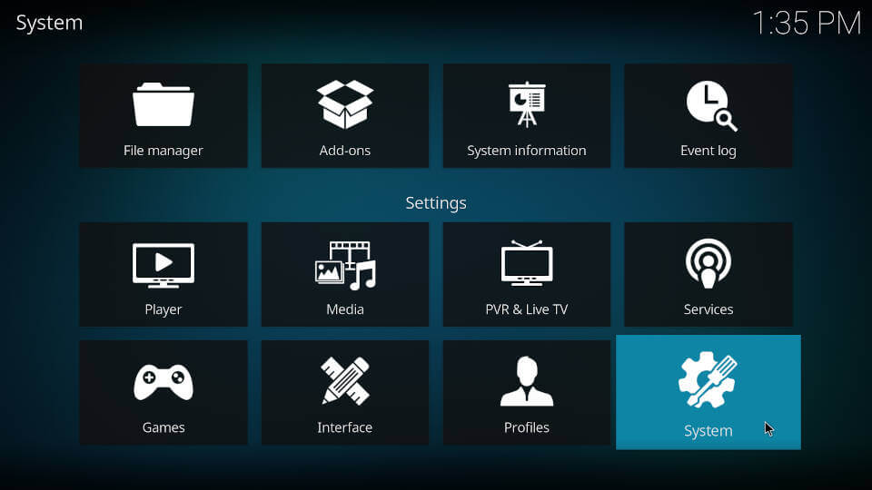 Select System in Kodi to get Kemo IPTV