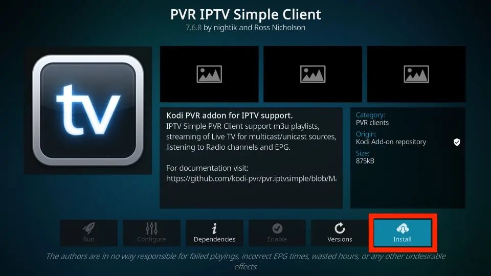 Install PVR IPTV Simple Clients