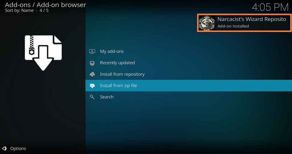 Narcacist's Wizard Repository add-on installed 