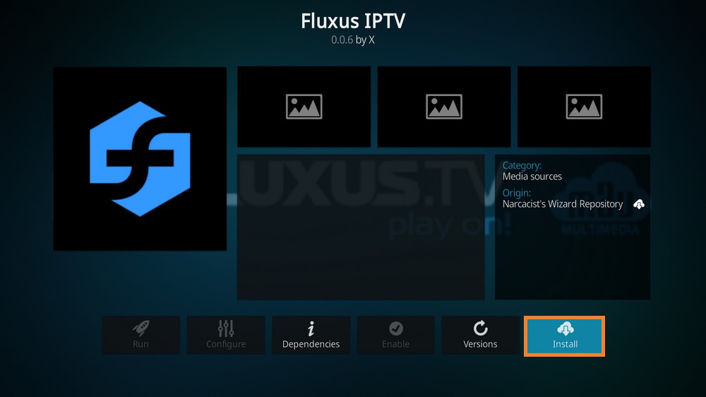 Tap the Install button to get Fluxus IPTV Addon