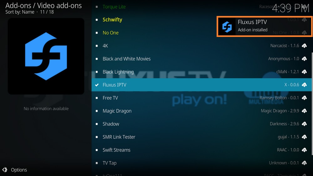  Fluxus IPTV add-on installed 