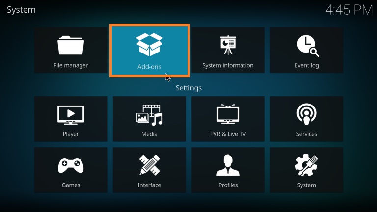 select the Add-ons tile to install Freedom IPTV Addon 
