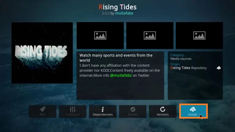 Tap the Install button to get Rising Tides Addon