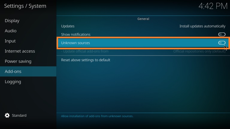 select Unknown sources to install Sports HD Addon