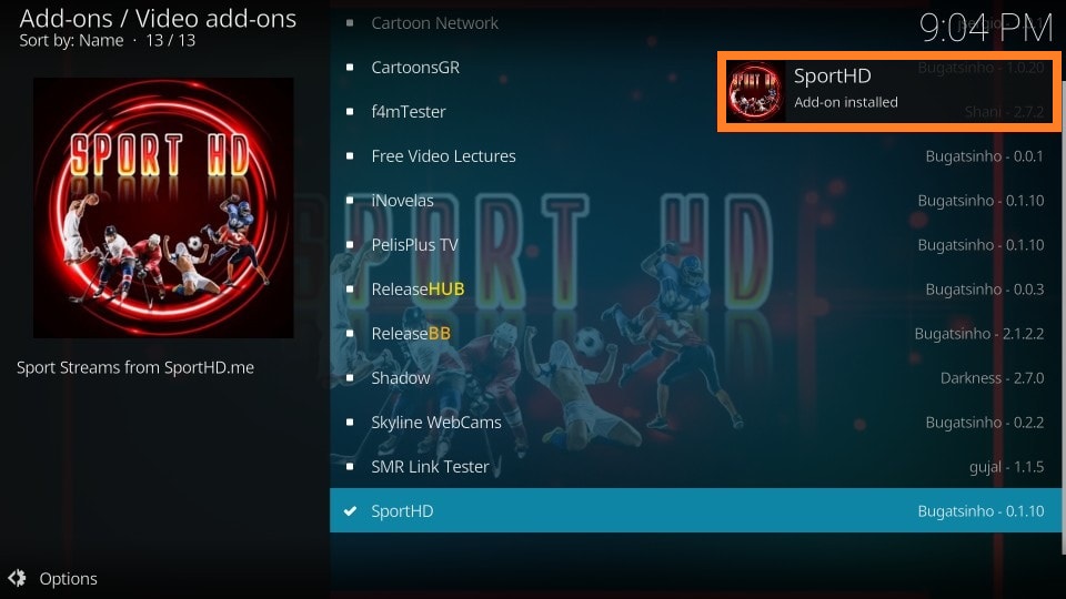 Sports HD addon installed message