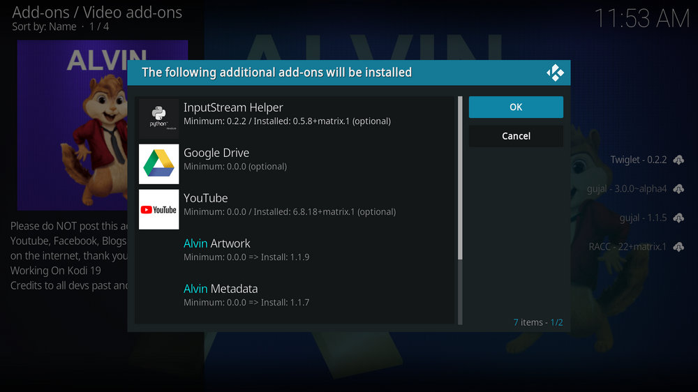 additional addons of Alvin addon on kodi