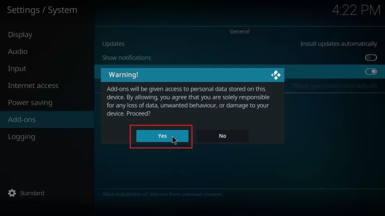 Warning dialog box on Kodi