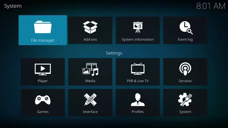 File manager option on Kodi.