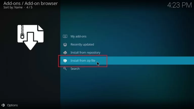 Install from zip file option on kodi