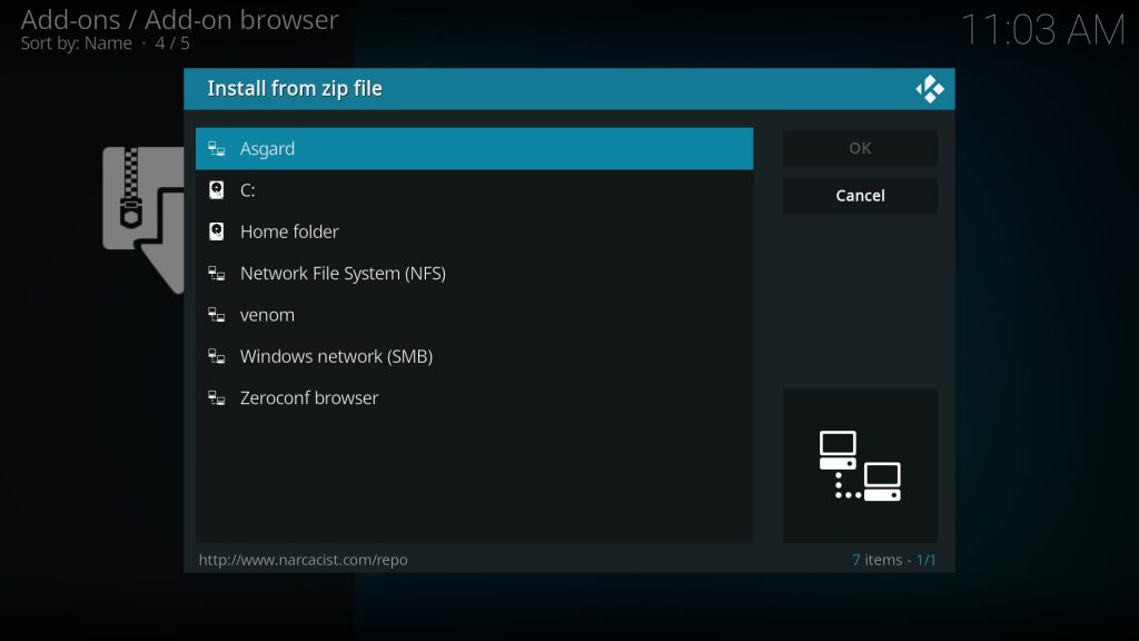 Select Asgard zip file on kodi