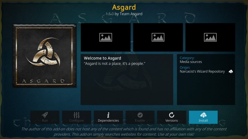 click the install button on asgard dialog box on kodi.