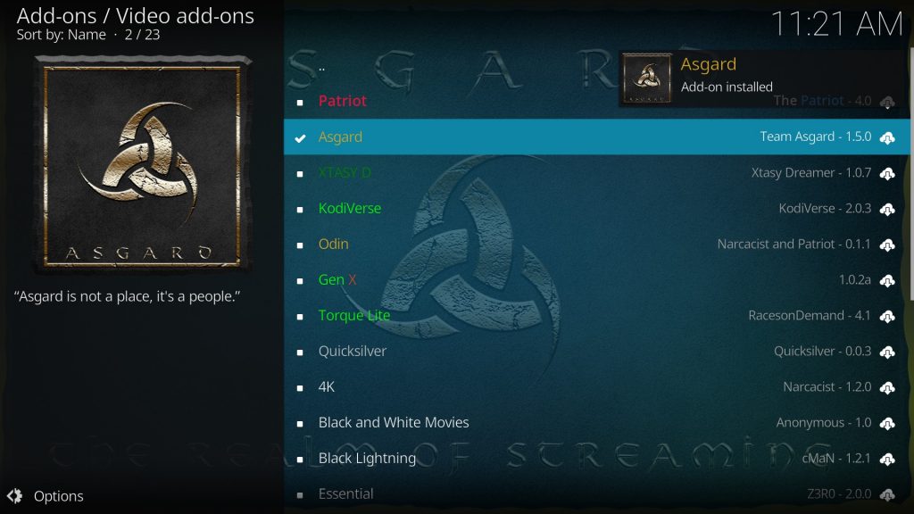 Asgard dd-on installed notification on kodi.